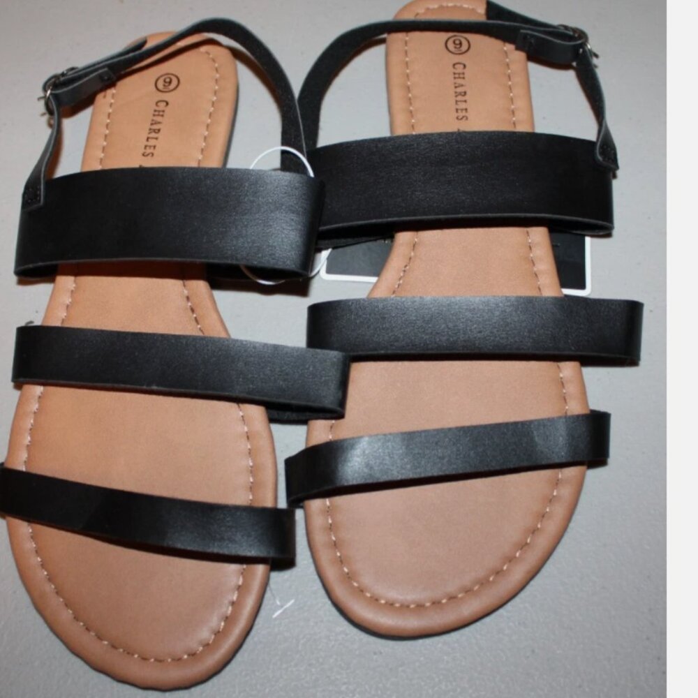 Black Sandals Flats Vegan Leather Shoes Charles Albert 9 NWT Buckle Strap